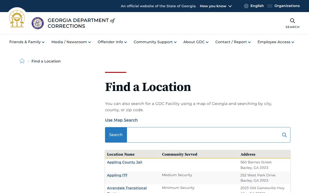 Butts County inmate population GDC location directory showing jail and state prison